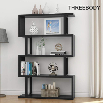 Black  Modern Office Furniture Corner 4 Shelf Bookshelf For Living Room / Bedroom